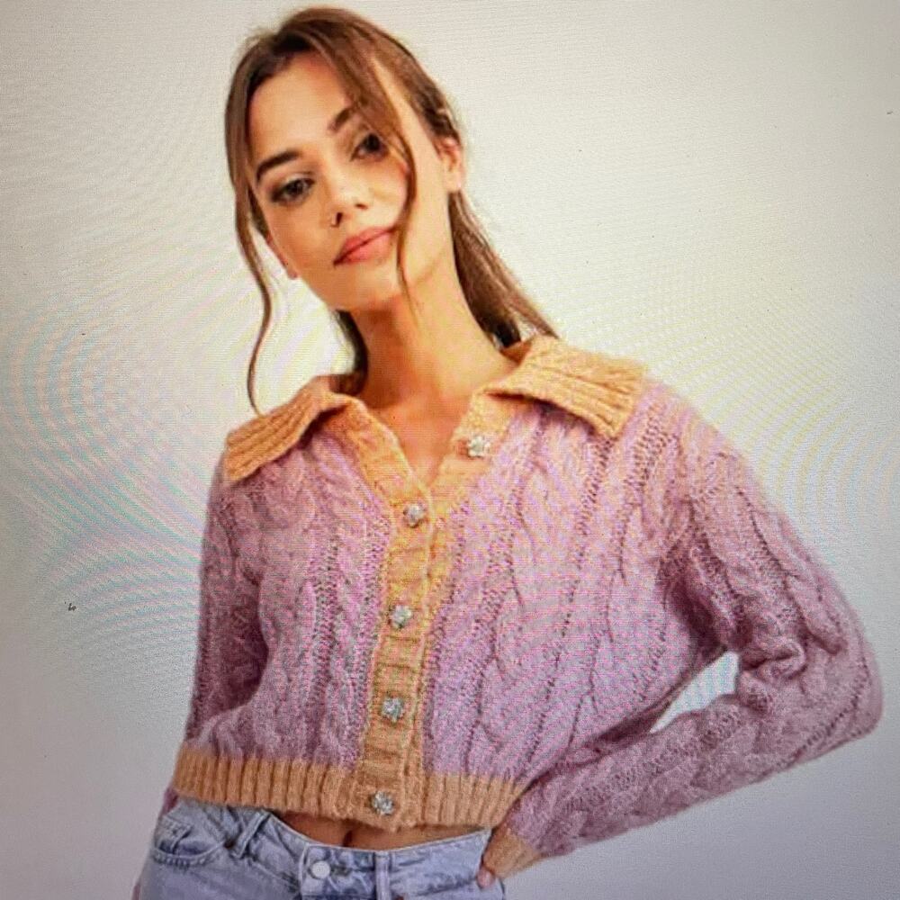 NWOT Lush Shayla Lilac & Apricot Cable Knit Cropped Cardigan